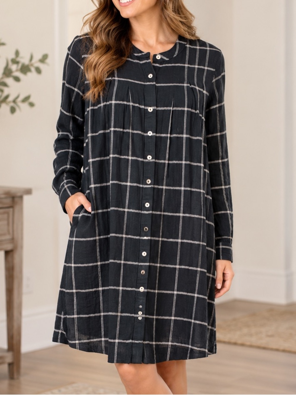 Madewell Black Windowpane Midi Shirt Dress